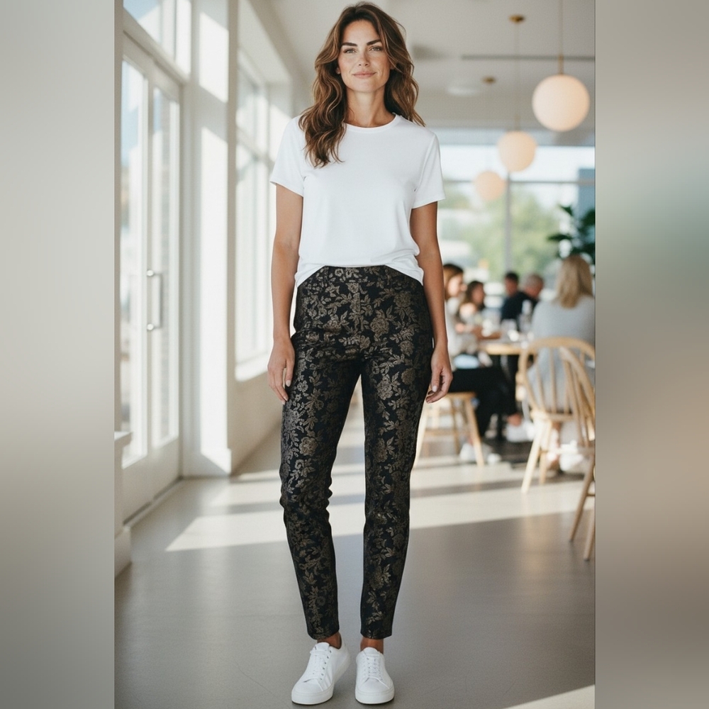 White House Black Market Floral Jacquard Ponte Knit Skinny Ankle Luxury Chic